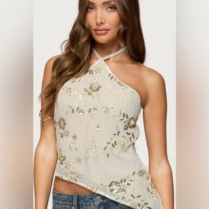 Womens Beaded Sequin Asymmetric
Halter Top